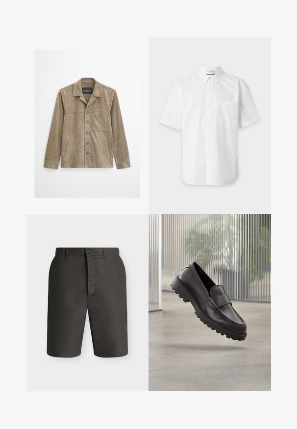 Veste pour homme en daim beige à manches longues, fermeture à boutons sur le devant, poche poitrine, deux poches latérales et col classique.; Chemise blanche à manches courtes avec boutons, col et poche poitrine gauche, présentée sur un fond clair uni.; Shorts gris foncé coupés sur mesure, longueur genou, avec passants de ceinture et fermeture avant par boutons sur un fond clair uni.; Chaussure à enfiler en cuir marron avec un bout rond et une semelle en caoutchouc noire robuste. Présente une bride décorative traversant le coup de pied.