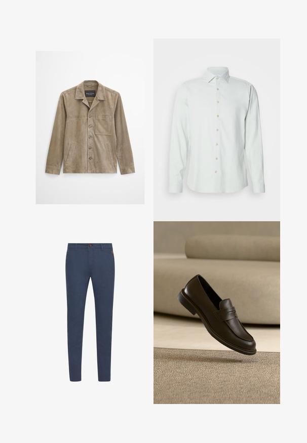 Chaqueta de ante beige para hombre con mangas largas, cierre de botones, bolsillo en el pecho, dos bolsillos laterales y cuello clásico.; Camisa verde claro de manga larga confeccionada en tejido suave. Presenta un collar clásico, una botonera frontal y puños abotonados.; Pantalones de algodón azul marino con corte slim, con un botón marrón, bolsillos frontales y costuras simples. Textura suave, sin patrones visibles.; Un solo mocasín de cuero marrón oscuro flotando sobre una alfombra beige texturizada, con un sofá beige desenfocado al fondo.