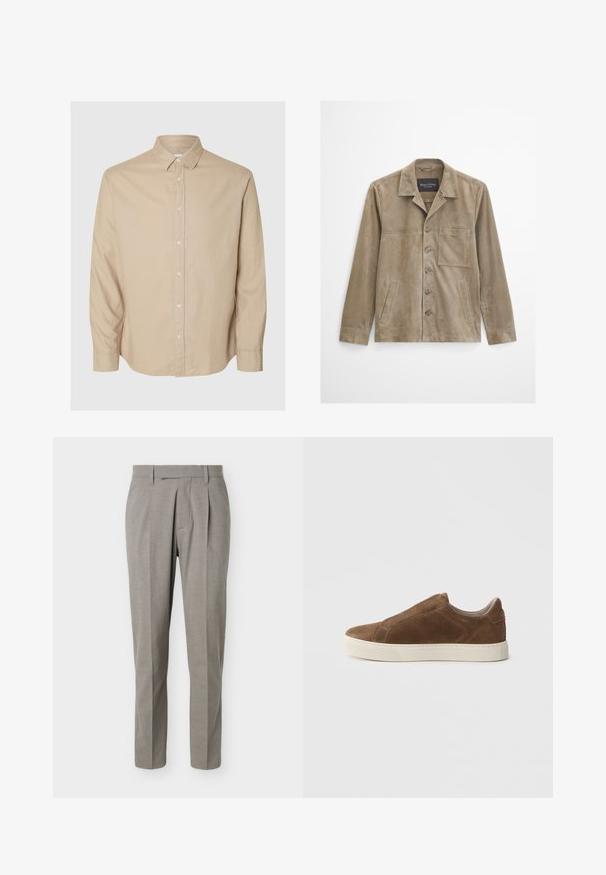 Beige Wildlederjacke für Herren mit langen Ärmeln, Knopfleiste, Brusttasche, zwei Seitentaschen und klassischem Kragen.; Selected Flannel - Hemd - pure cashmeredetail:mixed w. oatmeal; Hellgraue, maßgeschneiderte Hose mit geraden Beinen, Gürtelschlaufen, vorderen Falten und einem sauberen Bund vor weißem Hintergrund.; Brauner Wildleder-Slipper mit abgerundeter Spitze, weißer Gummisohle und glatten Akzentdetails an den Seiten.