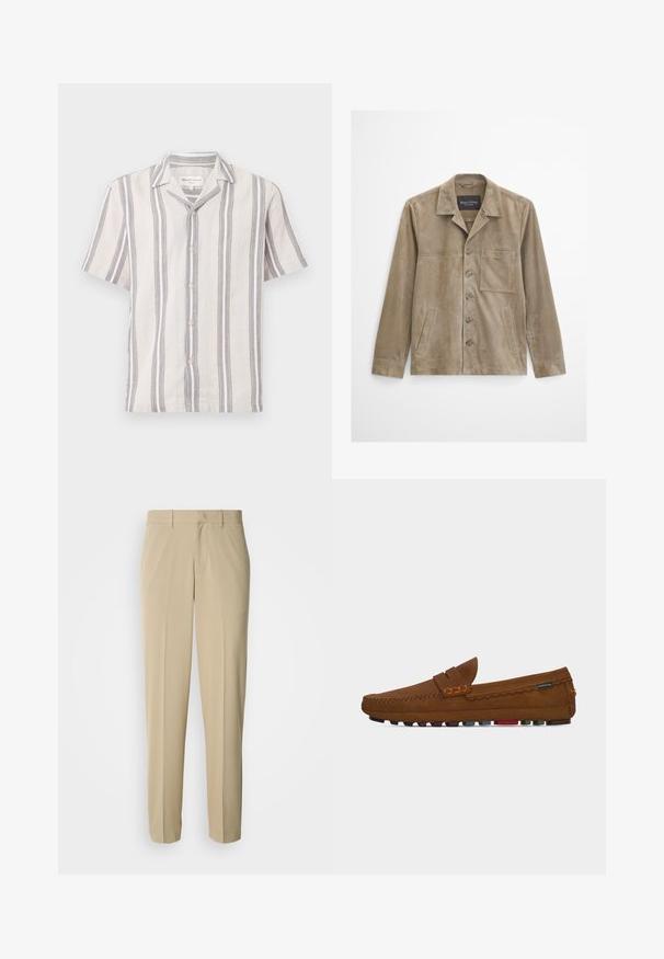 Beige suède herenjas met lange mouwen, knoopsluiting aan de voorkant, borstzak, twee zijzakken en een klassieke kraag.; Korte mouwen overhemd met knopen in een lichtbeige stof met donkergrijze strepen, voorzien van een klassieke kraag en parelmoer knopen.; Beige pantalon met rechte pijpen, gemaakt van een gladde stof, voorzien van een platte voorkant zonder zichtbare zakken of versieringen.; Bruine suède loafer met mocassin-stiksels, penny-band en meerkleurige rubberen noppen onder de zool, zijaanzicht op een witte achtergrond.