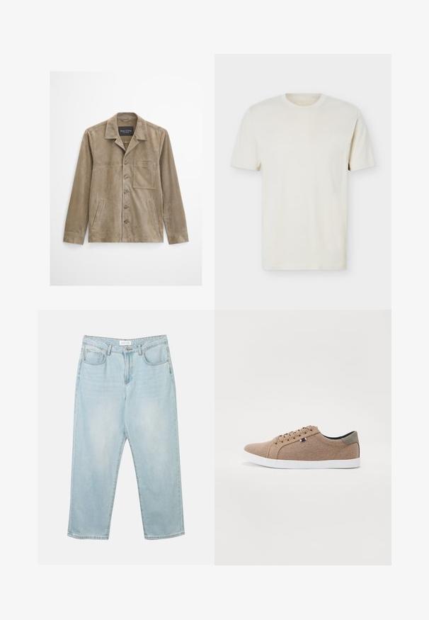 Veste pour homme en daim beige à manches longues, fermeture à boutons sur le devant, poche poitrine, deux poches latérales et col classique.; T-shirt à manches courtes couleur blanc cassé uni avec col rond et logo discret sur le côté gauche de la poitrine, présenté sur un fond blanc uni.; Jean en denim bleu clair avec une coupe décontractée, cinq poches, une fermeture à bouton et un léger délavage. La texture est douce et légèrement usée.; Baskets en toile beige avec un design basse, semelle en caoutchouc blanc et lacets ronds. Présente un accent de talon gris contrastant et un détail de logo.