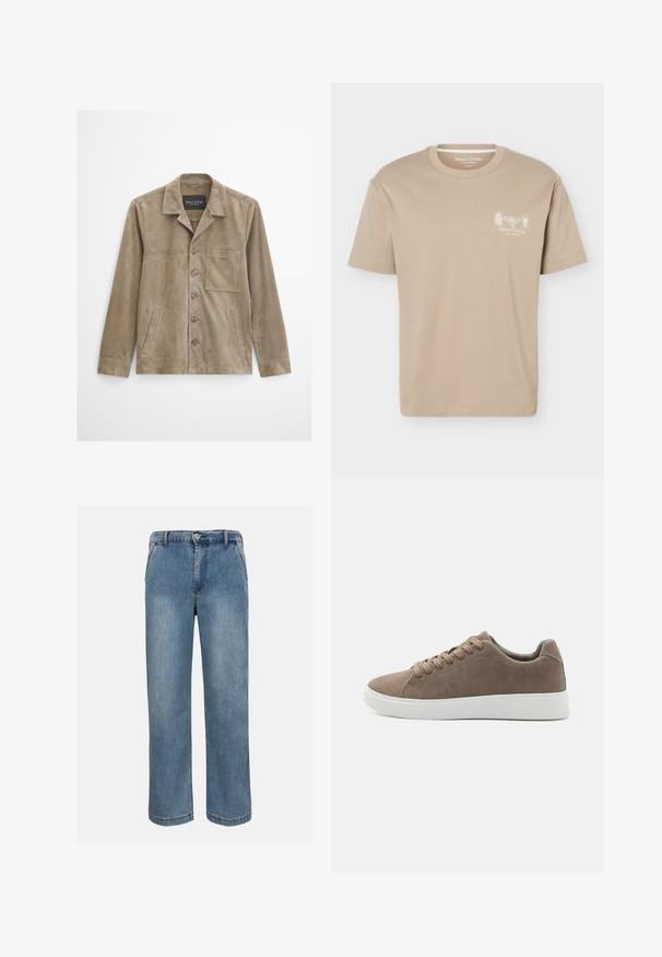 Beige herrejakke i ruskind med lange ærmer, knaplukning foran, brystlomme, to sidelommer og en klassisk krave.; Beige kortærmet T-shirt med rund halsudskæring med små insektgrafikker og "Marc O'Polo" logo på venstre bryst.; Blå straight-leg denimjeans med knap og lynlås foran samt bæltestropper på en neutral baggrund.; Brune ruskinds sneakers med flade hvide gummisåler, snørelukning, rund tå og en glat overflade. Minimalistisk stil med diskrete syninger.