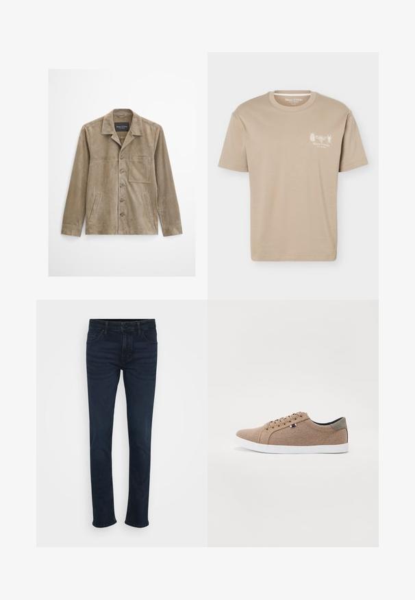 Veste pour homme en daim beige à manches longues, fermeture à boutons sur le devant, poche poitrine, deux poches latérales et col classique.; T-shirt beige à manches courtes avec col rond, présentant de petits motifs d'insectes et le logo "Marc O'Polo" sur la poitrine gauche.; Jean bleu foncé avec une coupe droite, présentant un design classique à cinq poches, un bouton en métal et des passants de ceinture à la taille.; Baskets en toile beige avec un design basse, semelle en caoutchouc blanc et lacets ronds. Présente un accent de talon gris contrastant et un détail de logo.