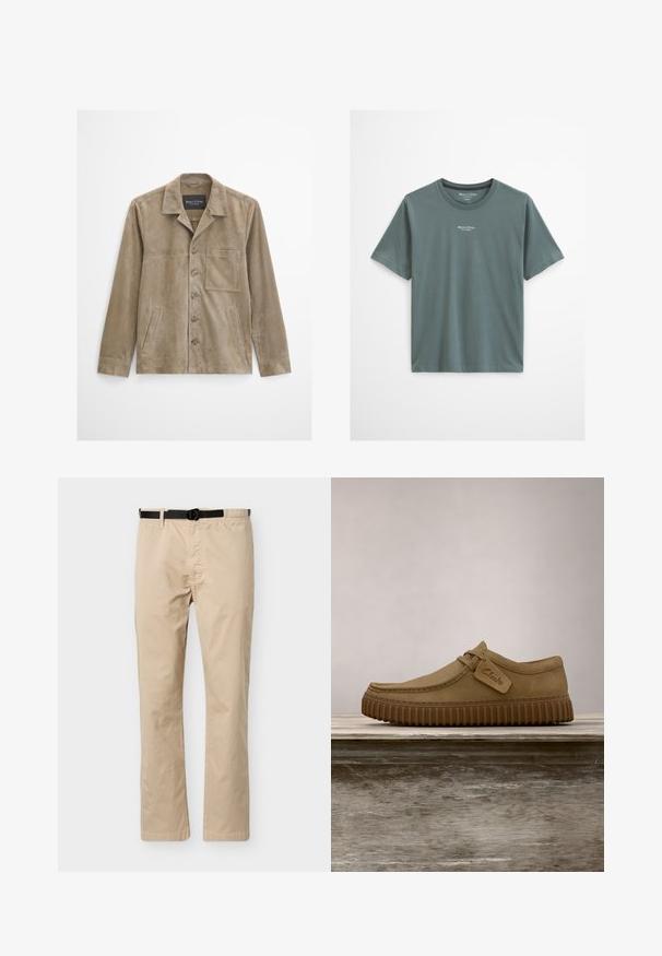 Beige suède herenjas met lange mouwen, knoopsluiting aan de voorkant, borstzak, twee zijzakken en een klassieke kraag.; Effen gedempte groene T-shirt met ronde hals en korte mouwen, met een klein wit "Marc O’Polo" logo en tekst gecentreerd onder de halslijn.; Beige broek met rechte pijpen, zwarte verstelbare riem, elastische tailleband aan één kant en een voornaad als detail.; Lichtbruine suède schoenen met een ronde neus, gestikte details en een geribbeld bruine rubberen zool. Bevat een zijlabel met het "Clarks" logo.