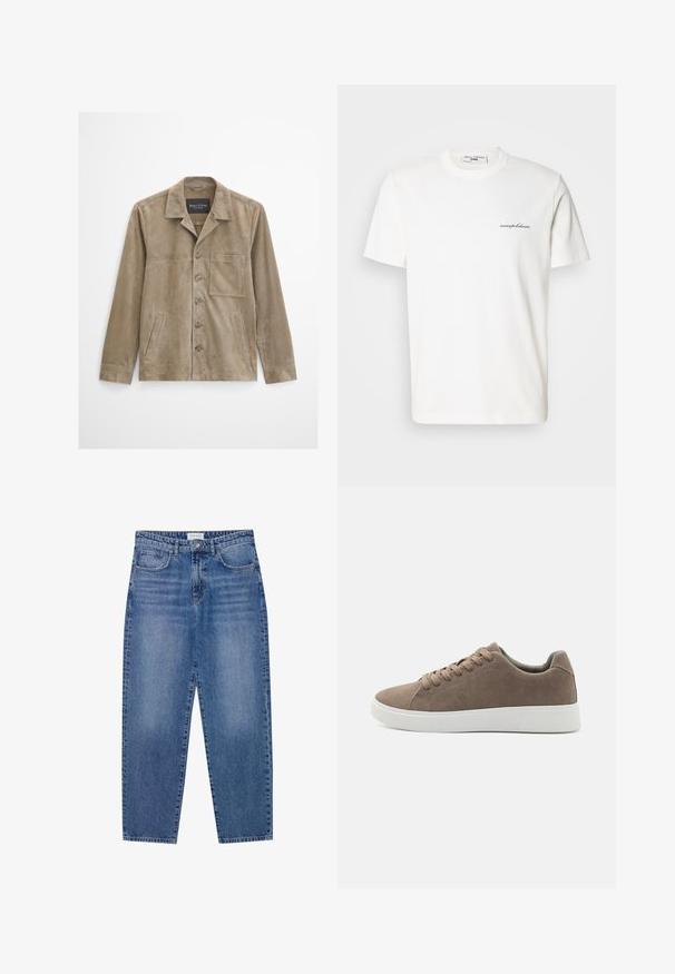 Beige suède herenjas met lange mouwen, knoopsluiting aan de voorkant, borstzak, twee zijzakken en een klassieke kraag.; Wit katoenen T-shirt met een ronde hals en korte mouwen. Heeft een klein zwart logo en tekst aan de linkerkant van de borst.; Blauwe denim jeans met een hoge taille, rechte pijpen en een vervaagde afwerking. Beschikt over vijf zakken en een knoopsluiting.; Bruine suède sneakers met platte witte rubberen zolen, vetersluiting, ronde neus en een gladde textuur. Minimalistische stijl met subtiele stikdetails.