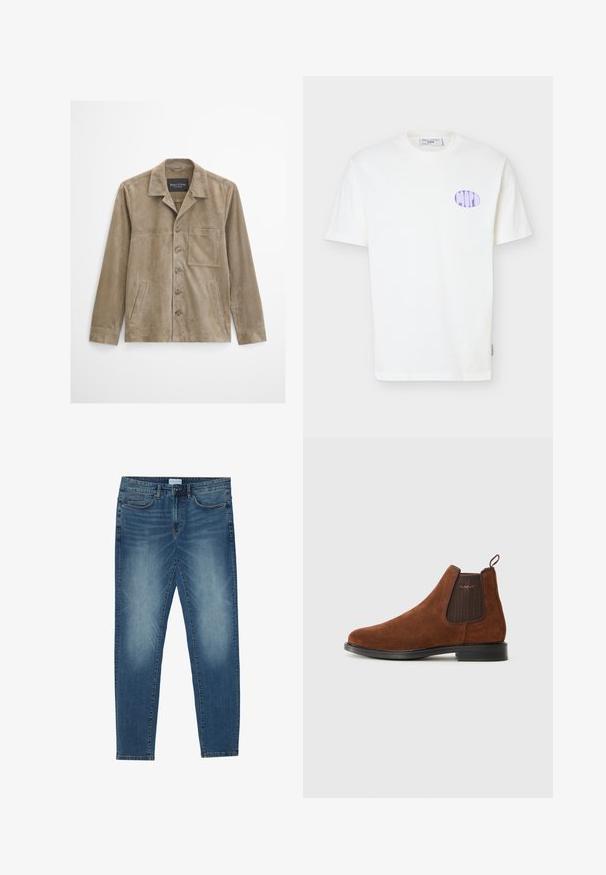 Beige herrejakke i ruskind med lange ærmer, knaplukning foran, brystlomme, to sidelommer og en klassisk krave.; Hvid kortærmet T-shirt af bomuld med lilla oval logo på venstre bryst og en rund halsudskæring.; Denimjeans i midtblå med en falmet vask, fem-lomme design, lige ben pasform og broderede detaljer. Knap- og lynlåslukning.; Brune ruskinds Chelsea-støvle med elastisk sideskilt, løkke til at trække i bagpå, sort sål og subtil "GANT" logo på sideskilt.