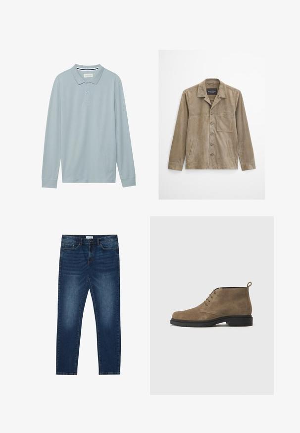 Beige suède herenjas met lange mouwen, knoopsluiting aan de voorkant, borstzak, twee zijzakken en een klassieke kraag.; Lange mouw polo shirt in lichtblauw met een vlakke kraag, een drieknoopssluiting en een subtiele textuur. Beschikt over een gestreepte binnenkraag.; Donkerblauwe slim-fit jeans met vervaagde details, klassiek vijf-pocket ontwerp, knoopsluiting en riemlussen.; Bruine suède enkellaars met een ronde neus, vier gaatjes voor veters en een zwarte rubberen zool. Voorzien van een trekloop aan de achterkant.
