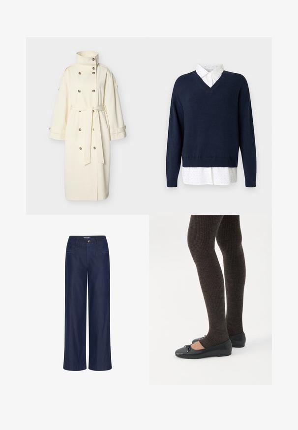 Off-white lange trenchcoat met een hoge kraag, dubbele rij knopen, wijde mouwen en een ceintuur in taille.; Marineblauwe v-hals trui van zacht breiwerk, gelaagd over een wit overhemd met kleine, verspreide stippen en een klassieke kraag.; ICHI IHFlared - Flared Jeans - dark blue; Benen met donkere geribbelde leggings gecombineerd met zwarte ballerina's met kleine strikdetails op een witte achtergrond.