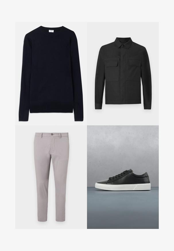Sort jakke med krave-design, lange ærmer og to brystlommer. Lavet af et glat stof med en ensfarvet overflade og pæne syninger.; Marineblå crew-neck sweater lavet af blødt stof, med lange ærmer og ribbede detaljer ved kraven og kanten. Ren, minimalistisk design.; Grå bomulds chinos med en glat overflade, slim fit, frontknaplukning og sidelommer. Ankellang model med minimal detaljer.; Sorte lædersneakers med rund tå, tekstureret overflade, hvid gummisål og sorte snørebånd. Minimalistisk design med en slank profil.