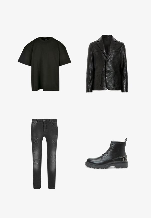 Sort læderjakke med en struktureret overflade, enkeltknappet front, to store lommer og spidse klapkraver. Glat indre foret.; Sort oversized t-shirt i blød bomuld. Har en rund crew neckline og korte ærmer, med en glat tekstur og minimalistisk design.; Sorte skinny jeans lavet af denim, med slidte detaljer, en falmet finish, fem lommer og en klassisk knaplukning.; Sort læder kampsko med snørebånd, metaløjer, robust sål, trækstrop ved hælen og en dekorativ spænde rem på siden.