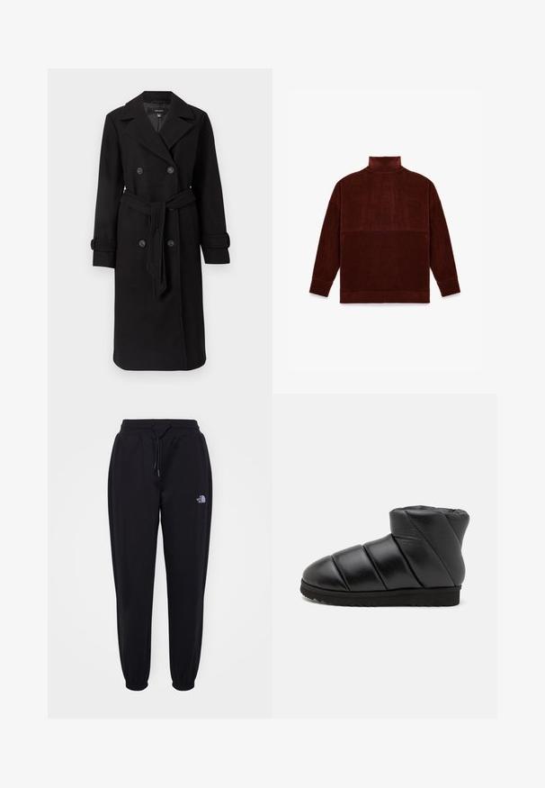 Abrigo trench de doble botonadura negro, hecho de una tela de lana texturizada. Presenta grandes botones, una cintura con cinturón y un clásico cuello de solapa.; Sudadera de forro polar burdeos con cuello alto, mangas largas y una textura suave, que presenta una costura horizontal en el pecho.; Pantalones de chándal negros con cintura y puños elásticos, cordón de ajuste, bolsillos laterales y pequeño logo blanco de The North Face en el muslo derecho.; Botín negro hecho de cuero acolchado. Presenta una puntera redondeada, detalles de costura elevados y una suela de goma texturizada con patrones de tracción.