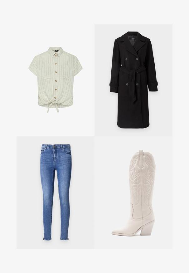Sort dobbeltbrystet trenchcoat lavet af tekstureret uldstof. Har store knapper, en bælte i taljen og en klassisk reverskrave.; Kortærmet bluse i lys beige med lodrette striber, krave, knaplukning foran, to brystlommer og en bunddetalje med bånd. Materialet ser struktureret ud.; Slanke jeans i medium blå denim, med frontlukning med knap, fem lommer og lynlåse ved anklerne. Glat tekstur og tætsiddende pasform.; Hvide læder cowboystøvler med spidse tæer og blokhæle. Har intrikate syninger på skaftet og en glat tekstur.
