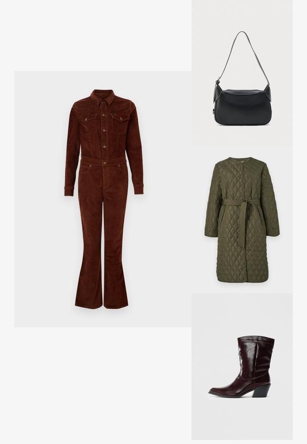 Olivgrüner gesteppter Mantel mit rundem Ausschnitt, vorderen Knöpfen, Seitentaschen und einem am Taillengürtel zum Binden für die Anpassung.; Brauner Corduroy-Overall mit Kragen, langen Ärmeln, lässigen Beinen, Brusttaschen und metallischen Knopfakzenten. Glatte Textur und taillierter Schnitt.; Bordeauxfarbene Leder-Stiefeletten mit spitzem Schnitt, strukturierten Oberflächen und einem schmalen, niedrigen Absatz. Verfügen über dezente Nähte und einen engen Sitz.; Schwarze Lederschultertasche mit glatter Textur, abgerundeter Form und einem dünnen Riemen. Verfügt über einen Reißverschluss und minimalistische Hardware-Akzente.