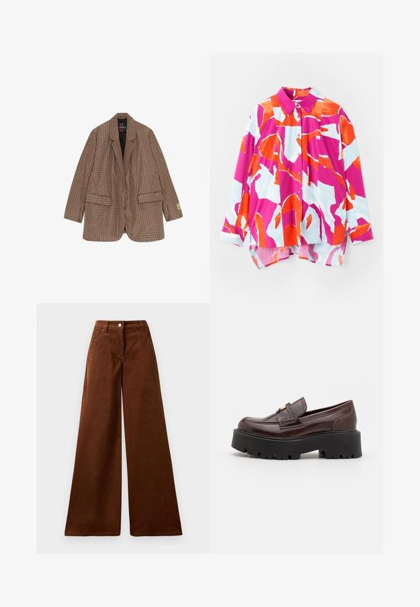 Braun und orange karierter Blazer aus strukturiertem Stoff, mit Revers, zwei vorderen Taschen und einem einzelnen Knopfverschluss.; Hemd mit Knöpfen, das ein farbenfrohes abstraktes Muster in Pink, Orange und Hellblau zeigt. Hergestellt aus glattem Stoff mit einem Kragen und langen Ärmeln.; Braune Corduroy-Hosen mit weitem Bein und hoher Taille, ausgestattet mit einem Knopfverschluss vorne und zwei vorderen Taschen. Weiche Textur mit vertikalen Rippungen.; Madden Girl CALISTA - Slipper - brown