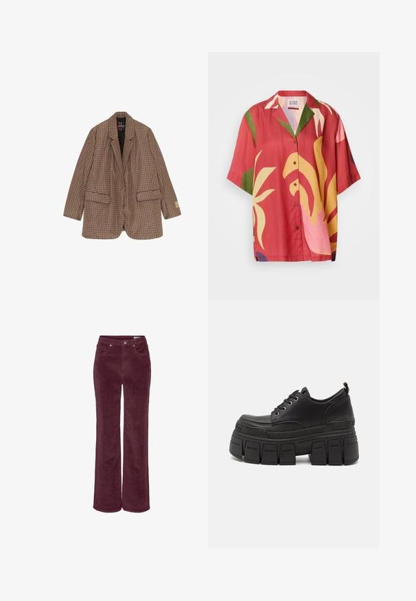 Blazer a cuadros en marrón y naranja, hecho de una tela texturizada, con solapas de muesca, dos bolsillos frontales y cierre de un solo botón.; Camisa de manga corta con botones en color óxido con grandes patrones florales abstractos en amarillo, verde y rosa. Textura de tela suave.; Pantalones de pana con diseño de pierna ancha, en un color burdeos intenso. Presentan bolsillos delanteros y trabillas para cinturón, con un acabado de tela texturizada.; Zapatillas de plataforma negras con parte superior de cuero suave, cierre de cordones, suela de goma gruesa y un detalle de marca en el costado.