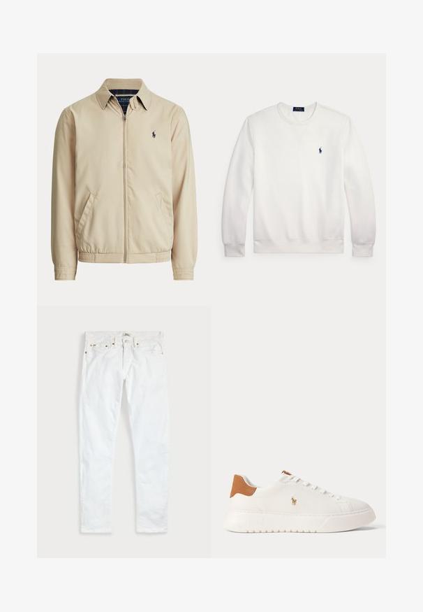 Beige jakke med lynlås, krave, sidelommer, elastisk talje og et lille mørkt Polo Ralph Lauren-logo på venstre bryst.; Hvid langærmet sweatshirt med rund hals og lille marineblåt Polo Ralph Lauren-logo på venstre bryst.; Hvide slim fit jeans med fem lommer, knaplukning og bæltestropper, fladt lagt på en ensfarvet lys baggrund.; Hvid lavtop sneaker med tan hælfane, hvide snørebånd og lille broderet polo-spiller logo på siden over en tyk sål.