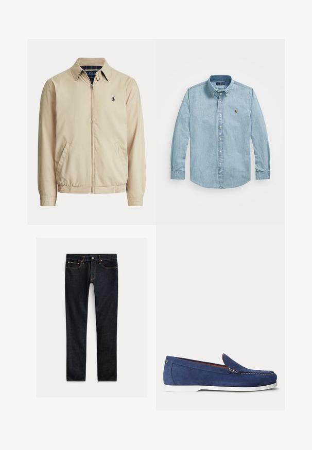 Beige jas met rits, kraag, zijzakken, elastische taille en een klein donker Polo Ralph Lauren-logo op de linkerborst.; Lichtblauw denimoverhemd met lange mouwen, knoopkraag, knopen aan de voorkant en een klein geborduurd logo op de linkerborst.; Donkerblauwe slim-fit jeans met vijf zakken, knoopsluiting en contrasterende stiksels, plat gelegd op een lichte achtergrond.; Blauwe suède loafer met witte zool en beige stiksels langs de bovenrand, afgebeeld tegen een effen witte achtergrond.