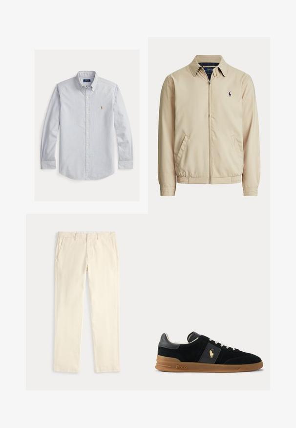 Chaqueta beige con cremallera, cuello, bolsillos laterales, cintura elástica y un pequeño logo oscuro de Polo Ralph Lauren en el pecho izquierdo.; Camisa de manga larga con rayas verticales en azul claro y blanco, con botones, cuello abotonado y pequeño logo bordado en el pecho.; Pantalones de pierna recta color crema con trabillas para cinturón y bolsillos laterales, mostrados extendidos en un fondo claro.; Zapatilla negra de corte bajo con cordones blancos, suela de goma marrón y logo dorado de Polo en el lateral y en la lengüeta del talón.