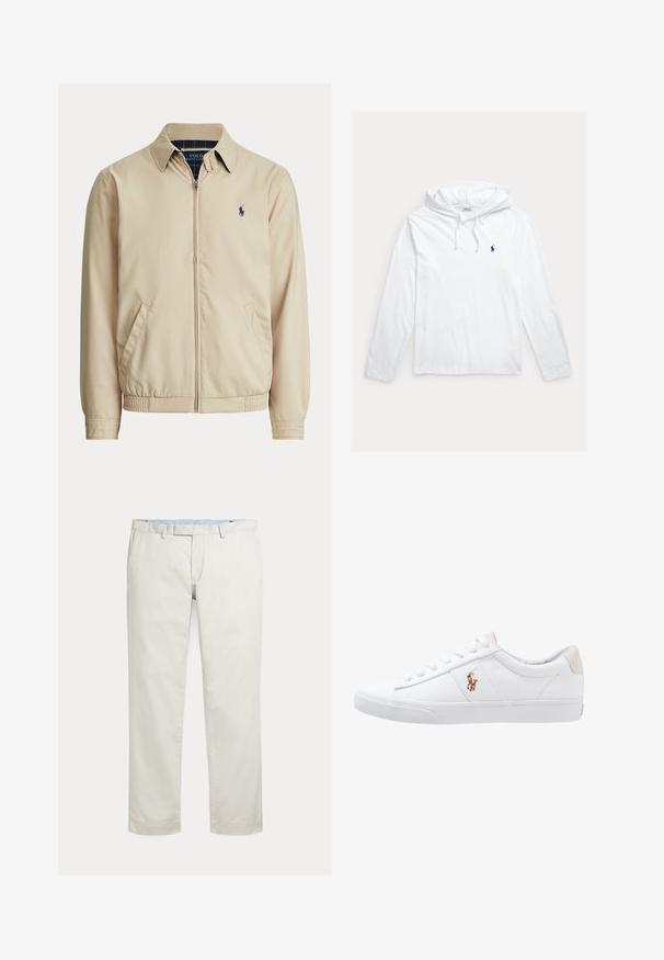 Beige Jacke mit Reißverschluss, Kragen, Seitentaschen, elastischem Bund und kleinem dunklen Polo Ralph Lauren Logo auf der linken Brust.; Weißer Kapuzenpullover mit langen Ärmeln, Kordelzügen und kleinem marineblauem Polo-Spieler-Logo auf der linken Brust.; Cremefarbene gerade geschnittene Hosen mit Gürtelschlaufen und verdecktem vorne liegenden Verschluss auf einfarbigem Hintergrund.; Weiße Leinensneaker im Low-Top-Design mit einem beigen Ferseneinsatz und einem kleinen gestickten Logo an der Seite. Gummisohle.