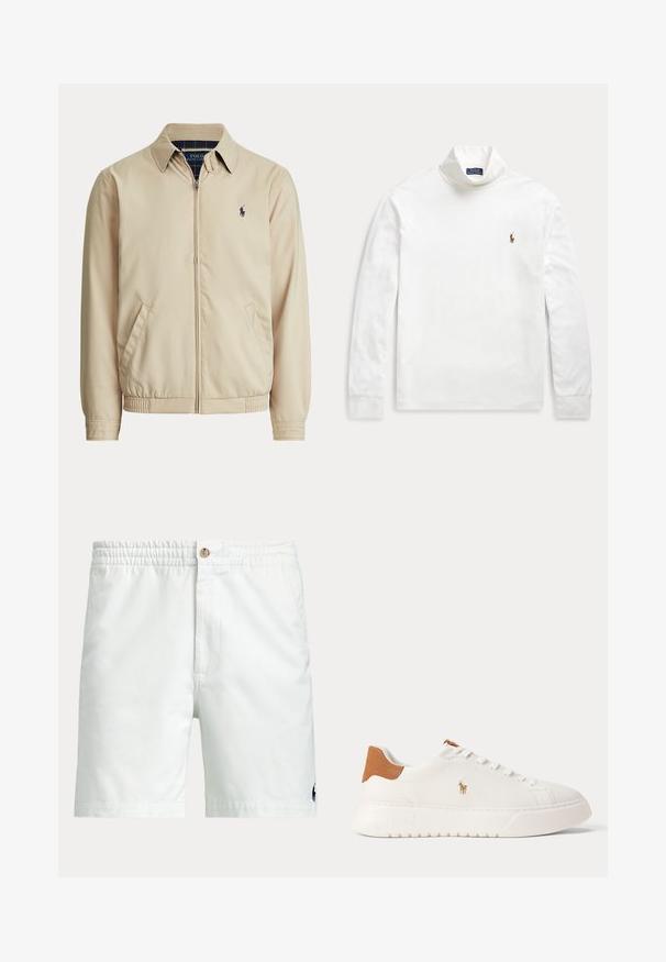 Chaqueta beige con cremallera, cuello, bolsillos laterales, cintura elástica y un pequeño logo oscuro de Polo Ralph Lauren en el pecho izquierdo.; Camiseta blanca de manga larga con cuello alto y pequeño logo bordado de caballo y jinete en el pecho izquierdo.; Pantalones cortos blancos para hombre con cinturilla elástica, cierre de botón, bolsillos laterales y pequeño logo oscuro cerca del dobladillo inferior en una pierna.; Zapatilla blanca de caña baja con lengüeta trasera en color marrón claro, cordones blancos y un pequeño logo bordado de jugador de polo en el lateral sobre una suela gruesa.
