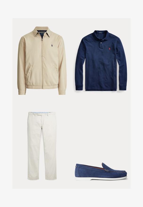 Béžová bunda na zips s golierom, bočnými vreckami, elastickým pásom a malým tmavým logom Polo Ralph Lauren na ľavej strane hrudníka.; Tmavomodré polo s dlhým rukávom, golierom, dvojgombíkovou légou a malým červeným vyšívaným logom na ľavej strane hrudníka.; Krémové nohavice s rovnými nohavicami, s pútkami na opasok a skrytým predným zapínaním na jednoduchom pozadí.; Modrý semišový mokasín s bielou podrážkou a béžovým prešitím pozdĺž horného okraja zobrazený na bielom pozadí.