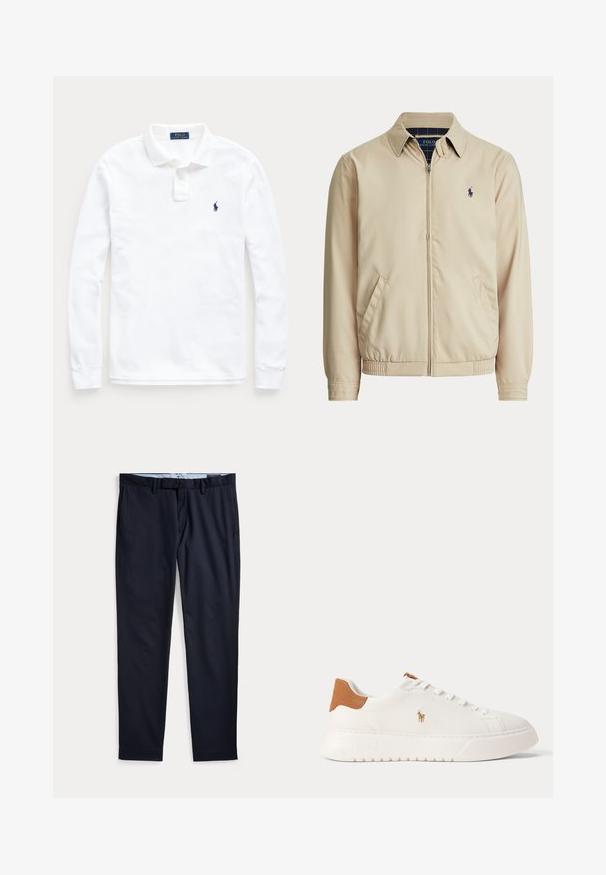 Béžová bunda na zips s golierom, bočnými vreckami, elastickým pásom a malým tmavým logom Polo Ralph Lauren na ľavej strane hrudníka.; Biela polo košeľa s dlhým rukávom, golierom, dvojgombíkovou légou a malým tmavomodrým vyšitým logom koňa na ľavej hrudi.; Pánske spoločenské nohavice námornícko modrej farby s pútkami na opasok, zipsom a bočnými vreckami, položené na bielom pozadí.; Biely nízky teniska s béžovou pätovou záložkou, bielymi šnúrkami a malým vyšívaným logom hráča póla na boku nad tlustou podrážkou.