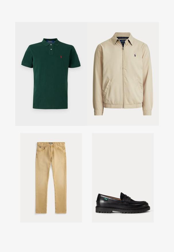 Beige jakke med lynlås, krave, sidelommer, elastisk talje og et lille mørkt Polo Ralph Lauren-logo på venstre bryst.; Mørkegrøn kortærmet polo med krave, to-knaps lukning og lille rødt broderet logo på venstre bryst.; Beige bomuldsjeans med slim fit, fem-lommes design og synlig syning. Har en metal knap og label på taljen.; Sort læderloafer med chunky sål, rundet tå og grøn Polo-logo tag på siden.