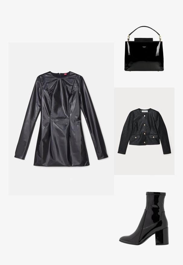 Zwarte nep leren cropped jas met lange mouwen, ronde halslijn en gouden knopen. Heeft twee voorzakken met kleppen.; 032c TRAPEZE TOO TIGHT MINI DRESS - Cocktailjurk - black luster; Zwarte patenten enkellaarsjes met een gladde textuur, een spitse neus en een gestructureerde blokhak. Heeft een ritsvrije ontwerping en contrasterende stiksels.; Zwarte gepatenteerde leren handtas met een gestructureerd ontwerp, voorzien van een bovenhandvat, gouden hardwareaccenten en een kleine klep aan de voorkant.