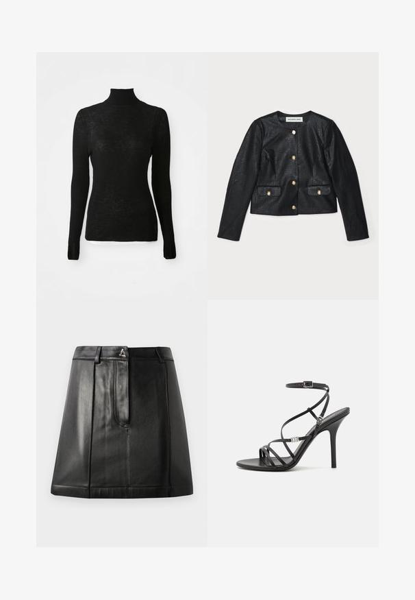 Sort imitation læder cropped jakke med lange ærmer, rund halsudskæring og guldknaplukninger. Har to forlommer med klapper.; Sort langærmet ribbet strikpullover med høj hals og slim fit samt subtil tekstur på en hvid baggrund.; Sorte læderskirt med en struktureret form, der har en frontlomme og en metalaccent i taljen. Glat tekstur og broderede detaljer.; Sort højhælet sandal med tynde stropper, en ankelspænde, en glat læderoverflade og en slank stilethæl.