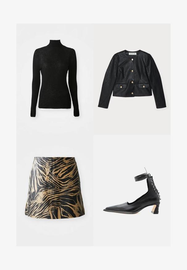 Sort imitation læder cropped jakke med lange ærmer, rund halsudskæring og guldknaplukninger. Har to forlommer med klapper.; Sort langærmet ribbet strikpullover med høj hals og slim fit samt subtil tekstur på en hvid baggrund.; Sort og guld nederdel med zebra-stribe mønster, lavet af glat materiale med en tætsiddende pasform og høj talje design.; Sort lavhælet lædersko med spids tå, snøredetalje bagpå og ankelrem mod en ensartet hvid baggrund.