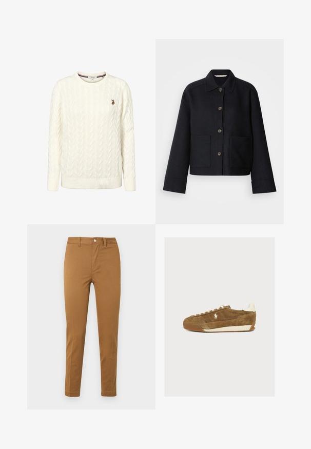 Veste en laine bleu marine foncé avec fermeture boutonnée, col classique et deux poches plaquées à l'avant. Design simple avec une coupe courte et des manches larges.; Pull blanc à manches longues en maille torsadée avec col rond et petit logo brodé de l'U.S. Polo Assn. sur la poitrine gauche.; Pantalon kaki à jambes droites avec poches avant, passants pour ceinture et fermeture par bouton, présenté à plat sur fond blanc.; Baskets en daim marron avec lacets blancs, semelle en caoutchouc et logo blanc sur le côté, présentées sur un fond clair uni.