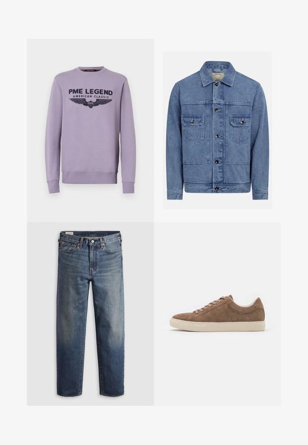 Hellblaue Jeansjacke mit Kragen, vorderer Knopfleiste, zwei Brusttaschen und leicht ausgewaschener Textur.; Lila Crewneck-Sweatshirt aus weichem Stoff mit schwarzem Druck auf der Vorderseite "PME LEGEND AMERICAN CLASSIC" und Flügelgrafiken.; Dunkelblaue Jeans aus Denim mit lockerem Sitz, geraden Beinen, Fünf-Taschen-Design und dezentem Used-Look an den Oberschenkeln. Silberner Knopf und Nieten.; Braune Wildleder-Sneaker für die Freizeit mit niedrigem Profil, flacher beige Gummisohle und sechs Schnürlöchern. Abgerundete Zehenform und minimalistisches Design.