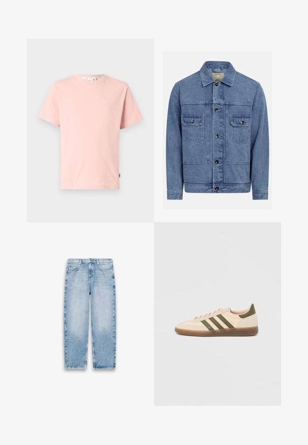 Chaqueta vaquera azul claro con cuello de solapa, cierre frontal con botones, dos bolsillos en el pecho y una textura ligeramente desgastada.; Camiseta de algodón rosa con cuello redondo, mangas cortas y un pequeño logo blanco en el área del lado izquierdo del pecho. Textura suave y diseño sencillo.; Vaqueros de mezclilla azul claro de pierna recta con cinco bolsillos, trabillas para cinturón y cierre frontal de botón y cremallera sobre un fondo blanco.; Zapatilla Adidas Spezial beige de perfil bajo con rayas verdes, suela de goma y la marca "SPEZIAL" en el lateral, vista desde el lado exterior.
