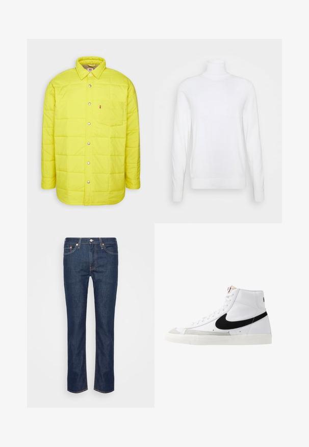 Gul quiltet jakke med trykknaplukning foran, spidse krave, enkelt brystlomme og mærkelogo. Letvægts, glat tekstur.; Hvid turtleneck sweater med lange ærmer, lavet af glat stof. Har et tætsiddende design og ribbede manchetter og kant. Ingen mønstre eller accenter.; Mørkeblå lige ben denim jeans med orange søm, fem lommer og en frontknap samt lynlås.; Hvide høje sneakers med et sort swoosh, struktureret grå tåhætte og flad hvid sål. Har seks snørrehuller og syede detaljer.