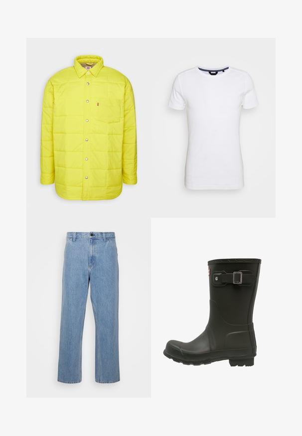 Gul quiltet jakke med trykknaplukning foran, spidse krave, enkelt brystlomme og mærkelogo. Letvægts, glat tekstur.; Lindbergh T-shirts basic - white; Lyseblå denim jeans med lige ben, vedhæftet med knaplukning og bæltestropper. Stoffet har en subtil falmet struktur.; Sort gummistøvle med rund tå, en spænderem ved den øverste side og en struktureret sål til godt tænksom greb.