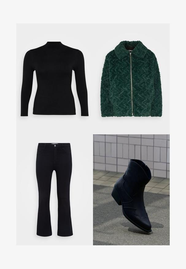 Veste en polaire épaisse vert foncé avec un motif en losange, fermeture éclair et col pointu. Texture douce et grande surface frontale.; Haut à col roulé noir à manches longues, fabriqué en tissu doux et lisse. Coupe ajustée avec un col haut et un ourlet droit, présentant des coutures minimales et aucun motif.; ONLY Carmakoma Flared fit CARTHUNDER Mid waist - Jean flare - black denim; Bottine en cuir noir avec un petit talon, couture décorative et bout pointu, positionnée debout sur une surface pavée à côté d’un mur carrelé.
