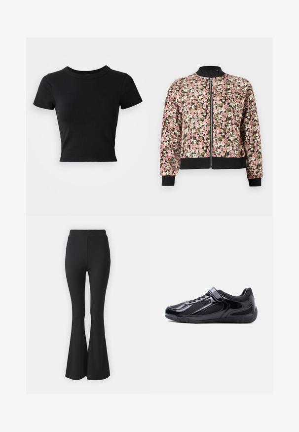 Damen-Bomberjacke mit Reißverschluss, rosa-, weiß- und olivfarbenem Blumenmuster, schwarzer Kragen, Bündchen und Saum.; Schwarzes, cropped T-Shirt aus festem Baumwollstoff, mit kurzen Ärmeln und rundem Halsauschnitt, das ein glattes und einfaches Design aufweist.; Schwarze ausgestellte Hosen aus elastischem Stoff. Sie haben einen hohen Bund und ein glattes, eng anliegendes Design, das ab dem Knie nach unten ausgestellt ist.; Schwarzer Sneaker mit flachem Profil, glänzenden und textilen Partien, elastischen Schnürsenkeln und Klettverschluß vor weißem Hintergrund.