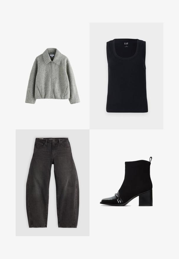 Grå zip-jakke med et blødt, struktureret stof, stor krave og elastisk kant. Har en lige pasform og diskret syning.; Sort ribbet tanktop med rund halsudskæring, ærmeløs design og tætsiddende silhuet. Mærket er vist i den øverste midte.; Sorte denim jeans med en afslappet pasform, der har fem lommer, knaplukning og subtil fading. Stoffet har en glat, robust tekstur.; Sort ankelstøvle med en glat suede-overdel, skinnende laklæder tåhætte, blokhæl og løkke-format trækstrop bagpå.