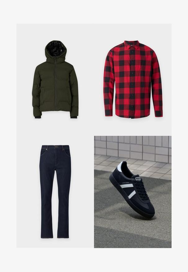Olivengrøn pufferjakke med hætte, der har lynlås-lukning, elastiske manchetter og sort inderside. Designet er quiltet for isolering.; Rødmønstret flannel-skjorte i sort og rød med knaplukning foran, lange ærmer og krave. Har et klassisk ternet mønster.; Mørkeblå straight-leg denim jeans med forlommer, bæltestropper og knaplukning.; Sort lædersneaker med hvide striber, tekstureret gummisål og snørrebånd foran. Har et brandet mærke på tungen.