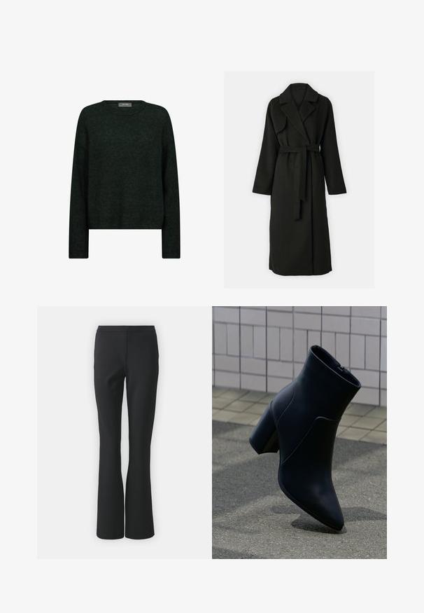 Sort uldblanded frakke med sjalkrave, lange ærmer, talje bælte og sidelommer. Glat tekstur og ankel-længde design.; Mørkegrøn sweater med rund halsudskæring, lange ærmer og en afslappet pasform. Fremstillet af tekstureret stof med subtile tonale mønstre.; Sorte flagrende bukser lavet af glat stof; har en flad front uden lommer og en skræddersyet pasform, der smalner ind mod kanten.; Sort læderankelstøvlet med blokhæle, spids snude og sidelås, placeret på grov asfalt nær flisebelagt væg.