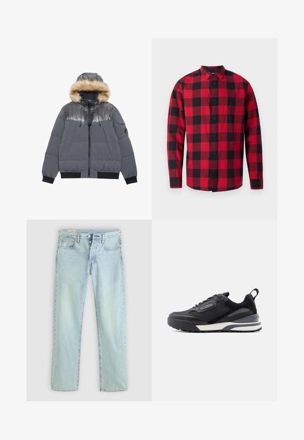 Graue Daunenjacke mit glänzenden oberen Einsätzen, Kapuze mit Webpelzbesatz, Frontreißverschluss, seitlichen Taschen, gerippten Bündchen und Saum sowie einem Patch auf dem linken Ärmel.; Rot-schwarz kariertes Flanellhemd mit Knopfleiste, langen Ärmeln und Kragen. Das Hemd zeichnet sich durch ein klassisches Karomuster aus.; Helle blaue Denim-Jeans mit geradem Schnitt, fünf Taschen, Knopfverschluss und dezentem Verblassen. Mit Steppdetails und Kupfennieten.; Schwarzer Sneaker mit Mesh- und Wildlederobermaterial, strukturierten Akzenten, einer gepolsterten Sohle und einem reflektierenden Logodetail.