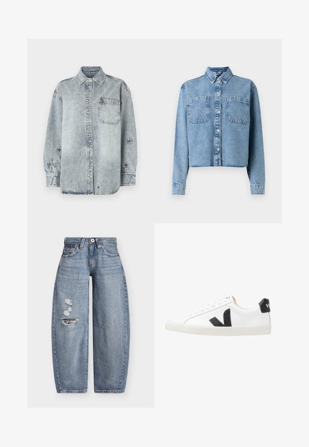 Lyseblå denimjakke med lange ærmer, en spids krave, to forlommer og knaplukning. Har et kort design.; Lyseblå denimskjorte med lange ærmer, knaplukning foran, enkelt brystlomme og krydsbroderi detaljer på ærmerne.; Blå denim jeans med vide ben, høj talje og slidte revner på venstre lår, med forlommer og bæltestropper.; Hvide sneakers med et sort V-logo, der har en glat læderoverdel, rund tå, snørrelukning og en kontrasterende sort hælflap.