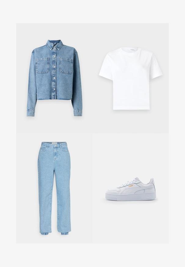 Veste en denim bleu clair à manches longues, col pointu, deux poches avant et fermeture à boutons. Caractérisée par une coupe courte.; T-shirt blanc uni en coton à manches courtes, col rond et ourlet droit, présenté sur fond blanc.; Pantalons en denim bleu clair avec une taille haute, des jambes droites et des poignets froncés. Présente un design classique à cinq poches et une fermeture à bouton à l'avant.; Baskets blanches en cuir avec une semelle épaisse, présentant une texture lisse, un design minimaliste, des rayures sur les côtés et un petit logo.