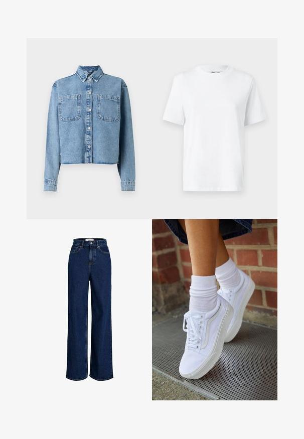 Veste en denim bleu clair à manches longues, col pointu, deux poches avant et fermeture à boutons. Caractérisée par une coupe courte.; T-shirt en coton blanc à col rond, avec des manches courtes et une texture lisse. Conçu avec une coupe décontractée pour plus de confort et de polyvalence.; Jean large taille haute bleu foncé avec poches avant, passants pour ceinture, fermeture par bouton et détails de coutures visibles.; Baskets en toile blanches avec semelles en caoutchouc, dotées de six œillets, d'un bout rond et de détails de couture légers, portées avec des chaussettes blanches mi-mollet.