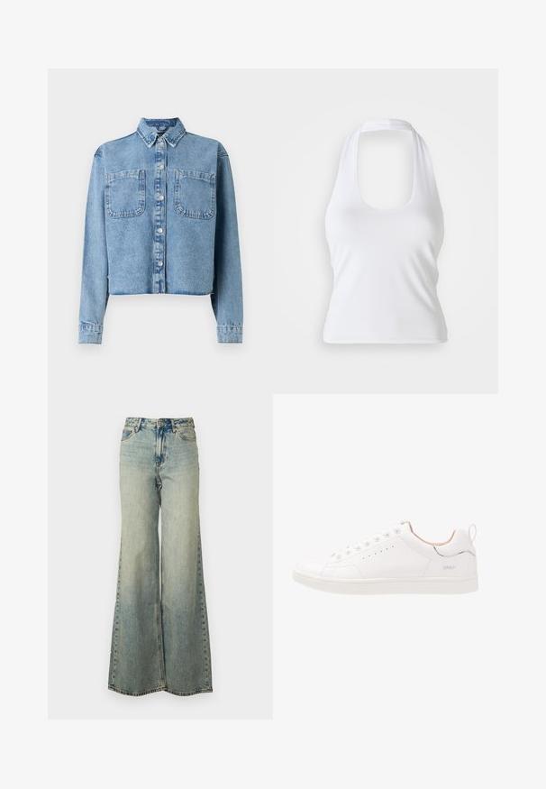 Lyseblå denimjakke med lange ærmer, en spids krave, to forlommer og knaplukning. Har et kort design.; Hvid halterneck top med scoop-udskæring, lavet af glat, strækbart stof. Har et minimalistisk design uden dekorative elementer eller mønstre.; Lyseblå vide jeans lavet af denim, med høj talje, bleget vask og sidelommer med synlige stikninger.; Hvide lædersneakers med rund tå, seks snørehuller, perforerede detaljer, subtile plastdetaljer og en struktureret gummisål.