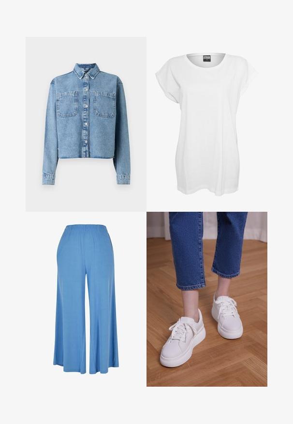 Hellblaue Jeansjacke mit langen Ärmeln, spitzem Kragen, zwei Fronttaschen und Knopfverschluss. Verfügt über ein cropped Design.; Weißes T-Shirt mit kurzen Ärmeln aus Baumwolle, das einen lässigen Schnitt, einen weiten Ausschnitt und ein minimalistisches Design ohne Muster oder Akzente aufweist.; Hellblaue weit geschnittene Hose aus weichem Stoff, mit einem elastischen Bund und einem lockeren Schnitt, der bis zur Mitte der Wade reicht.; Beine, die kurze blaue Jeans und weiße Schnür-Plateausneaker tragen und auf hellem Holzboden stehen.