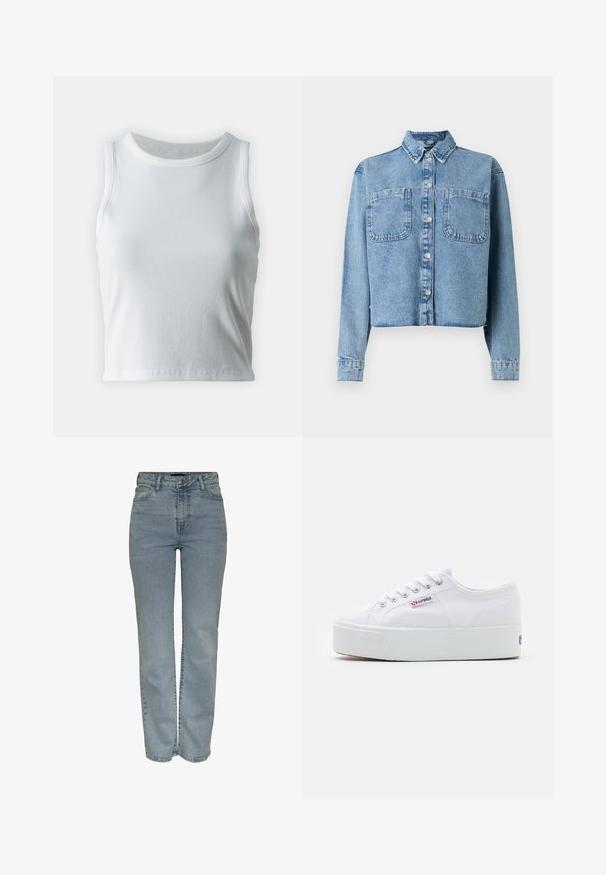Light blue denim jacket with long sleeves, a pointed collar, two front pockets, and button closure. Features a cropped design.; White ribbed tank top with a round neckline and sleeveless design, featuring a straight hem and a smooth, stretchy texture.; Light blue high-waist straight-leg jeans with front button and zipper closure, five pockets, and belt loops.; White canvas sneaker featuring a thick white platform sole, round toe, and metal eyelets for laces. Brand logo displayed on the side.