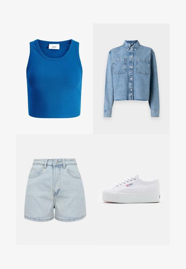 Lichtblauwe spijkerjasje met lange mouwen, een puntige kraag, twee voorzakken en een knoopsluiting. Heeft een cropped ontwerp.; Blauwe geribde crop top met brede halslijn, zonder mouwen ontwerp, en een label met de tekst "JJXX" in het midden van de halslijn.; Lichtblauwe denim shorts met hoge taille, voorste knopen, ritssluiting en twee voorzakken, afgebeeld op een effen achtergrond.; Witte canvas sneaker met een dikke witte platformzool, ronde neus en metalen oogjes voor veters. Merkl logo aan de zijkant weergegeven.