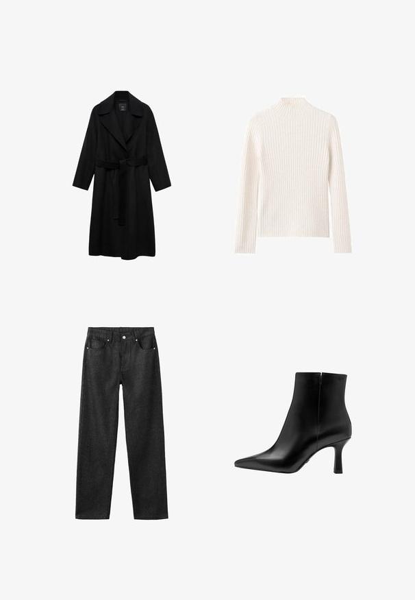 Schwarzer Mantel mit Gürtel, Reverskragen, langen Ärmeln und offenem Vorderteil. Hergestellt aus einem strukturierten Stoff, zeichnet sich das Design durch Einfachheit und Minimalismus aus.; Gerippter Rollkragenpullover in Off-White, aus weichem Strickstoff. Mit langen Ärmeln und einer schmeichelhaften Passform.; Schwarze Jeans mit geradem Bein, fünf Taschen, silberner Hardware und glatter Textur.; Schwarze Leder-Stiefelette mit spitzer Zehe, hohem Stiletto-Absatz, glatter Textur und minimalistischem Design. Verfügt über einen Reißverschluss auf der Rückseite.