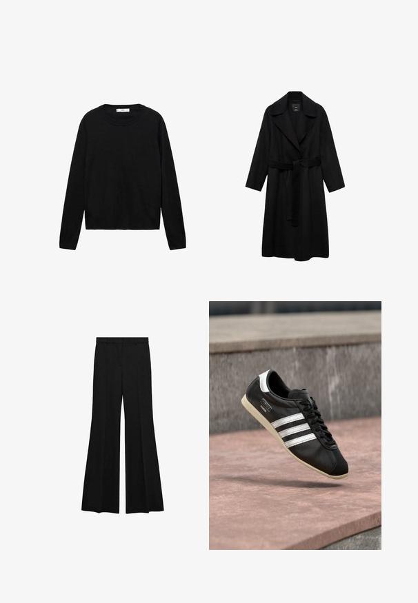 Manteau noir ceinturé avec un col cranté, des manches longues et une ouverture sur le devant. Fabriqué dans un tissu texturé, il présente un design simple et minimaliste.; Pull noir à manches longues en matière douce avec un col rond et des poignets côtelés, présentant un design simple et droit.; Pantalon noir taille haute avec jambes évasées larges, passants de ceinture et pli avant, sur fond blanc.; Baskets en cuir noir avec des rayures blanches et une semelle blanche, lacées, flottant au-dessus d'une surface en béton rosée avec un mur en pierre grise en arrière-plan.